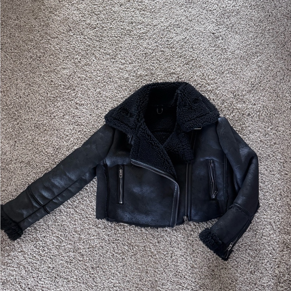 Black Faux Shearling Moto Jacket - Women